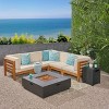 Christopher Knight Home Malawi Outdoor Acacia Wood 5 Seater Sectional Sofa Set with 50,000 BTU Iron Fire Pit - 2 of 4