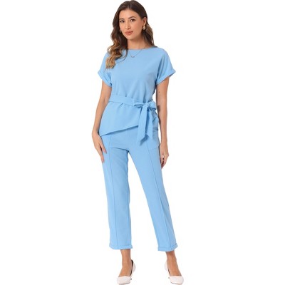 INSPIRE CHIC Women's Round Neck Short Sleeve Belted Asymmetry Tops and Elastic Waist Trousers 2 Piece Sets