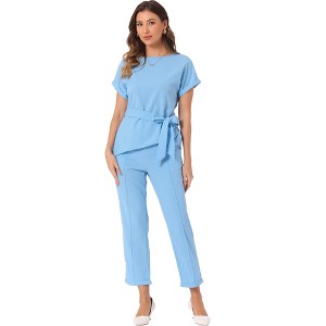 INSPIRE CHIC Women's Round Neck Short Sleeve Belted Asymmetry Tops and Elastic Waist Trousers 2 Piece Sets - 1 of 4