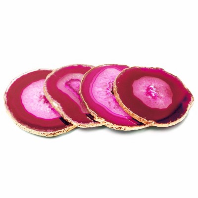 Set of 4 Pink Agate Stone Coasters with Gold Edges