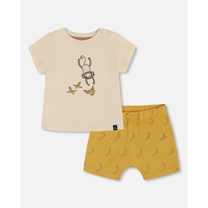 Deux par Deux Boy Printed Organic Cotton Top and Short Set Yellow Bananas and Off-White - 1 of 4