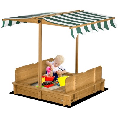 Outsunny Covered Sandbox with Lid with Adjustable Canopy for Kids, Outdoor Play Equipment with Benches, Backyard Outdoor Activity Sensory Toy
