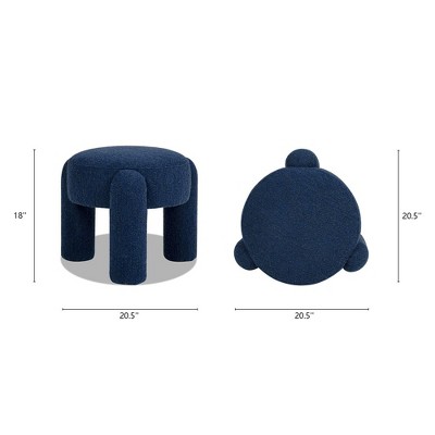 Cerulean Blue Boucle Round Upholstered Ottoman with Eucalyptus Legs