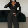 Women's Short Sleeve V-Neck Top & High Waisted Wide Leg Pants Set - Soft Knit 2 Piece Outfit for Casual Wear - 3 of 4