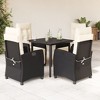 vidaXL 5 Piece Patio Dining Set with Cushions - Black Poly Rattan, Adjustable Backrest and Footrest, Tempered Glass Tabletop, Removable Cushion Covers - 2 of 4