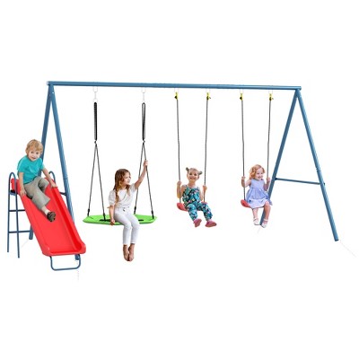 Outsunny Metal Swing Set For Backyard, 3 In 1 Design With 1 Nest Swing ...