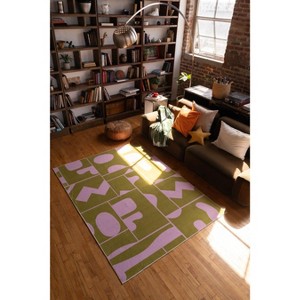 Lany Space Olive Green Abstract Patchwork Rug by Becca Franks, 5'x7' - 1 of 4
