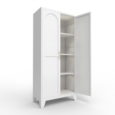 GlasFlength Decorative Storage Cabinets 61'' 2 Shapely Doors Cabinet, Metal Storage Cabinet with Doors and Shelves, White, 5.51"*16.93"*61.81"