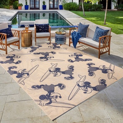 Disney Mickey Mouse Surfing Coastal Graphic Navy Blue Beige Flatweave Indoor Outdoor Area Rug