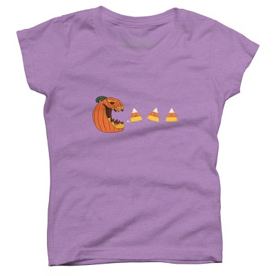 Girl's Design By Humans Halloween Gamer Pumpkin Eating Candy Corn By rawresh6 T-Shirt