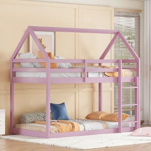 Whisen Twin over Twin Rubber Wood House-Shaped Floor Bunk Bed with ladder and Safety Guardrails - 1 of 4