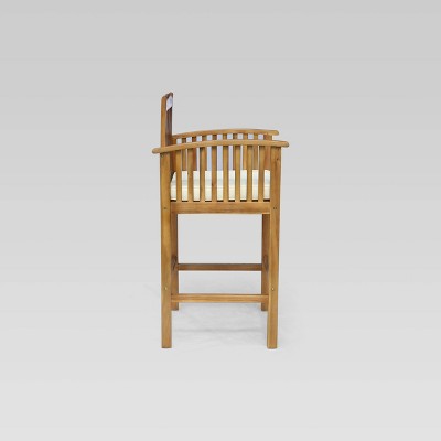 Natural Acacia Wood Outdoor Barstools with Cream Cushions