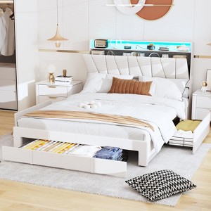 Upholstered Platform Bed Frame with Storage Headboard & Charging Station - 1 of 4