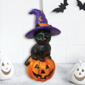 Black Cat on Pumpkin Spooky Glass Christmas Ornament, Witch Hat Halloween Theme| OrnamentallyYou - 1 of 4