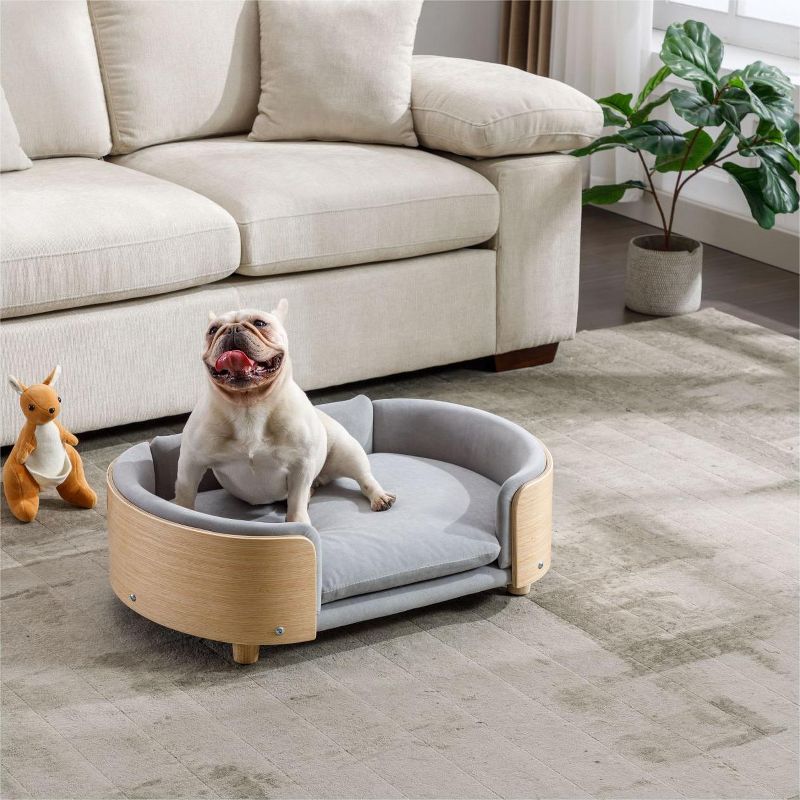 Bulldog Large Dog Beds With Removable Washable Cover, Velvet Cushion With Solid Wood legs and Bent Wood Back-The Pop Maison, 4 of 9