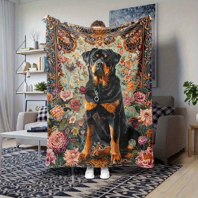 Rottweiler Floral Tapestry Design Flannel Blanket, Cozy Pet Dog and Flower Pattern Plush Blanket for Home Outdoor Use, Christmas Gift.