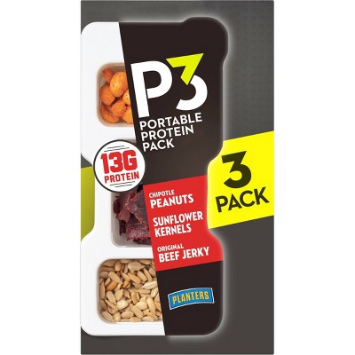 P3 Portable Protein Snack Pack with Chipotle Peanuts, Sunflower Kernels & Original Beef Jerky - 3ct/5.4oz