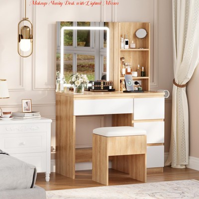Jojoka Vanity Makeup Table Set With Stool – 4 Drawers, Sliding Lighted Mirror & Outlet (White/Black/Pink/Natural Oak)
