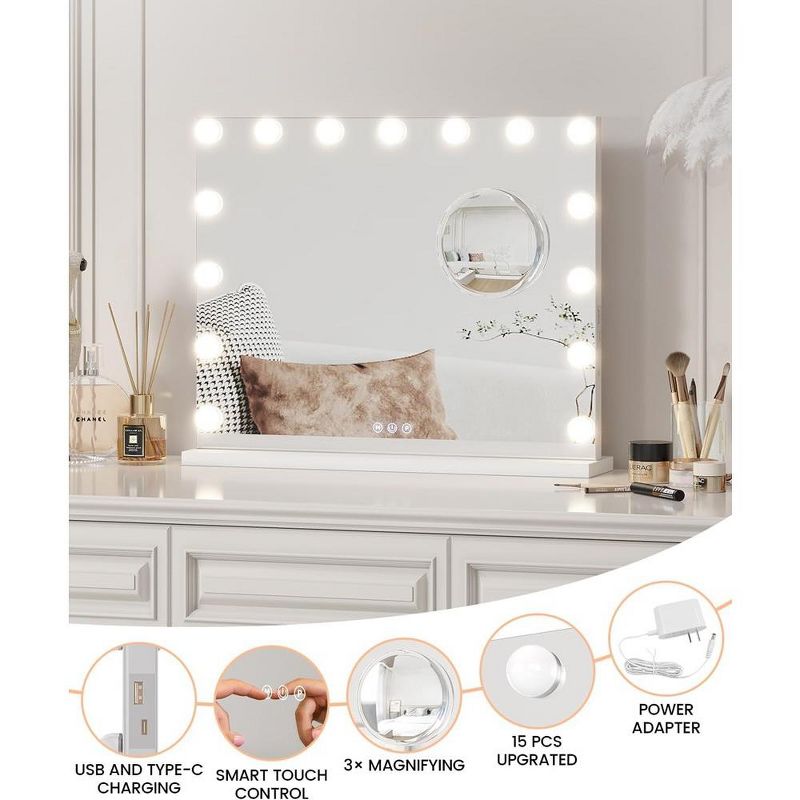 Whizmax New Vanity Mirror inch with Lights with USB Charging Port, Makeup Mirror with 15 LED Bulbs, 3 Colors Modes, Metal Frame, White, 3 of 8