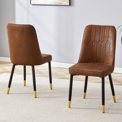 Gulches Suede-like Velvet Dining Chairs Set of 2 - Black Metal Legs with Gold Spray Anti-Slip Feet Integrated Cushion for Home Commercial Spaces Brown