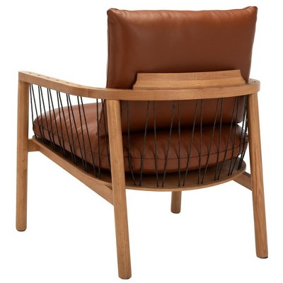 Caramel Brown Mid-Century Leather and Oak Armchair
