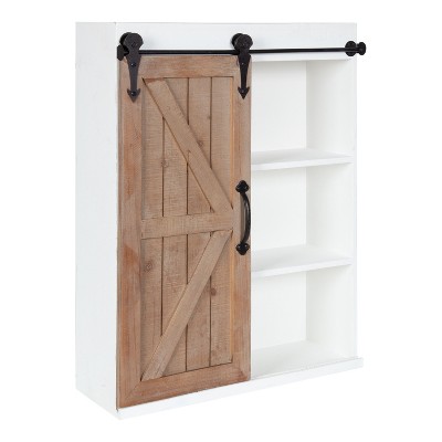 Kate and Laurel Cates Wood Wall Storage Cabinet with Sliding Barn Door, 21.25x27.5, White and Rustic Brown