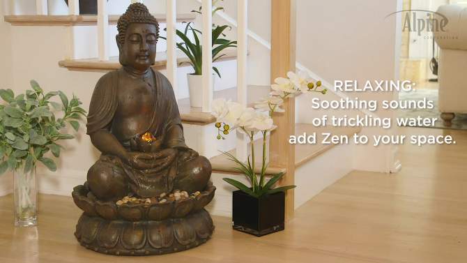 Alpine Corporation 33&#34; LED lit Resin Buddha Sculptural Fountain  Light Brown, 2 of 10, play video