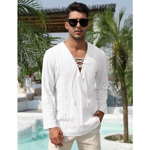 WhizMax Men's Cotton Linen Henley Shirt Lace Up Long Sleeve V Neck Casual Beach Hippie Shirts - 1 of 4
