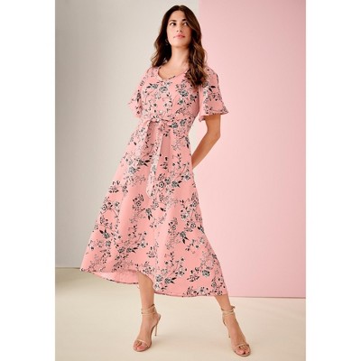 Roaman's Plus Size Flutter Sleeve V-Neck Fit And Flare Bi-Stretch Maxi Dress