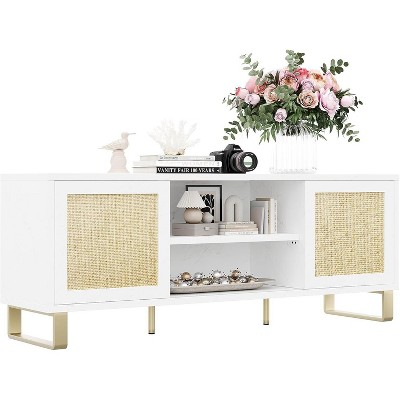 TV Stand with Straw Rattan Sliding Door, TV Cabinet for 65 Inch TV, Multi-Functional TV Console Table