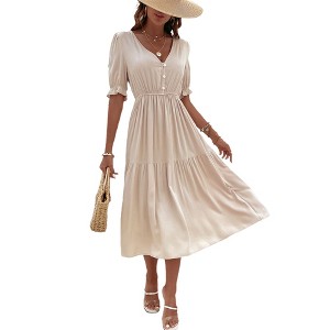 sachin and babi light blue dress Garvee Women's V-Neck Tiered Midi Dress Short Puff Sleeve Smocked Bodice  Swing Dress High Waist Flowy Summer Dress Elegant Casual Wear : Target