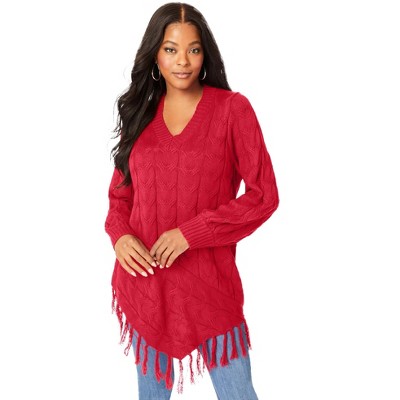Roaman's Women's Plus Size Fringed Cable Knit Sweater