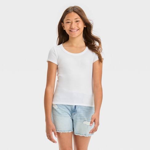 Girls' Scoop Neck Ribbed T-shirt - Art Class™ White M : Target