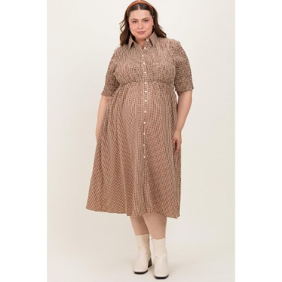 Pinkblush Mocha Gingham Smocked Button Down Maternity Plus Midi Dress