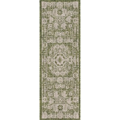Green and Ivory Flat Woven Outdoor Runner Rug