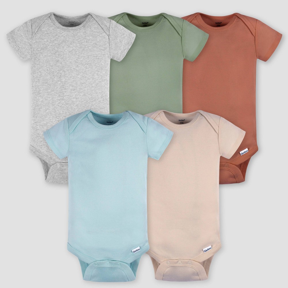 Gerber Baby 5pk Short Sleeve Onesie - Newborn: Cotton Knit Bodysuits, Pullover & Crotch Snap