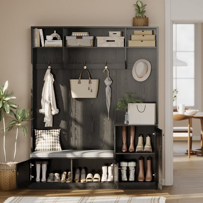 78.7" Tall Hall Tree with Bench and Shoe Storage, Modern Wood Entryway Bench with Coat Rack, 4 Hanging Hooks, 3 Open Compartments for Hallway, Mudroom