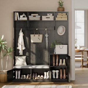 78.7" Tall Hall Tree with Bench and Shoe Storage, Modern Wood Entryway Bench with Coat Rack, 4 Hanging Hooks, 3 Open Compartments for Hallway, Mudroom - 1 of 4