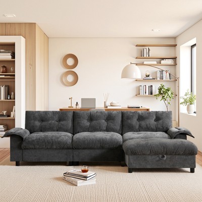 TIRAMISUBEST 104*60" L Shape Chenille Sectional Sofa with Dual-Port Charging, Cup Holder, Side Storage Pockets Pull Out Bed Flip Table