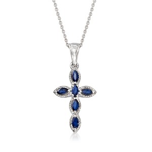 Ross-Simons 0.80 ct. t.w. Marquise Sapphire Cross Pendant Necklace in Sterling Silver - 1 of 4