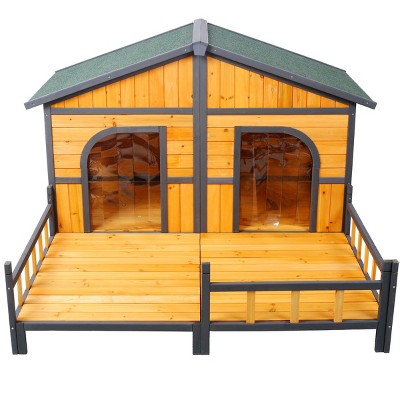 40" Outdoor Brown Large Wooden Dog House with Porch, Double Dog Kennel with Openable Roof, Removable Bottom Panel & Protective Curtain – Cuddlewood