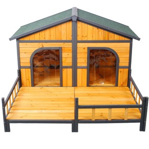 40" Outdoor Brown Large Wooden Dog House with Porch, Double Dog Kennel with Openable Roof, Removable Bottom Panel & Protective Curtain – Cuddlewood - 1 of 4