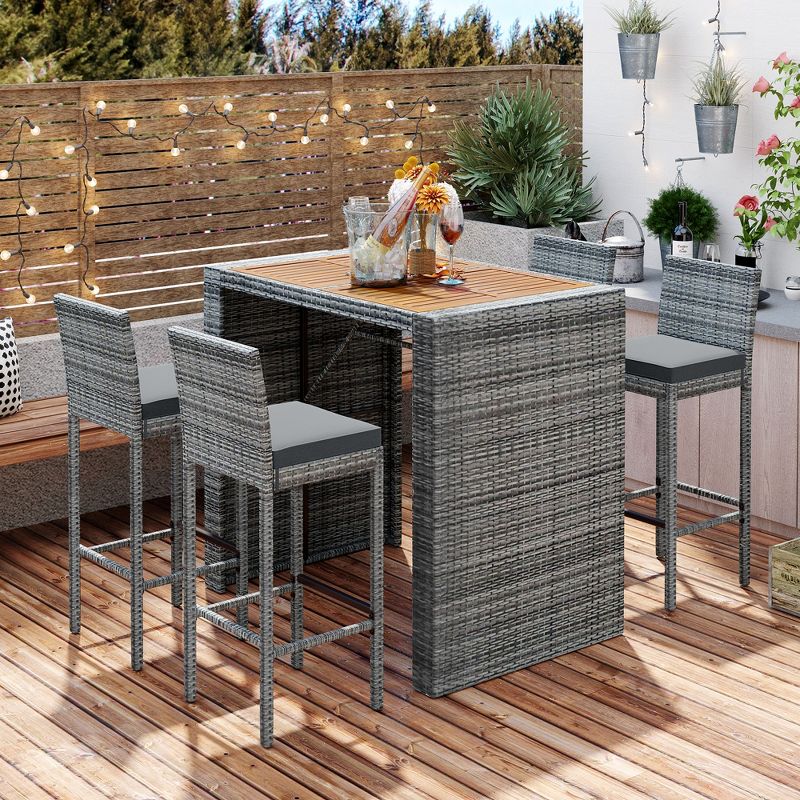 5 PCS Outdoor Patio Acacia Wood Top Wicker Bar with Bar Stools and Removable Cushions,Gray - ModernLuxe, 1 of 15