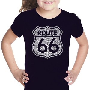 LA Pop Art Girl's Word Art T-shirt - CITIES ALONG THE LEGENDARY ROUTE 66 - 1 of 4