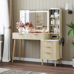 Makeup Vanity Desk with Lights,Wooden Dressing Table with 5 Drawers & Adjustable Shelves,Makeup Vanity Table Modern Glass Top with Charging Station - 1 of 4