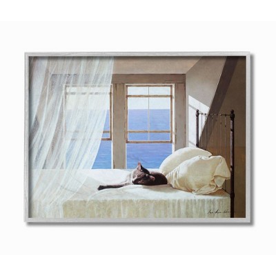 Stupell Industries Cat Resting on White Oceanside Bed Nautical Painting