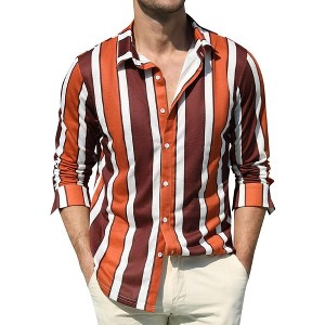 Men's Casual Striped Button Down Shirts Stretch Long Sleeve Vacation Beach Shirts - 1 of 4