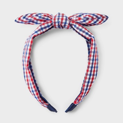 Americana Plaid with Tails Top Knot Headband - Red/White/Blue