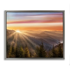 Stupell Industries Sunrise Through Mountain Forest Skyline Floating Frame Canvas Art, Gray, 31" x 25" - 1 of 4