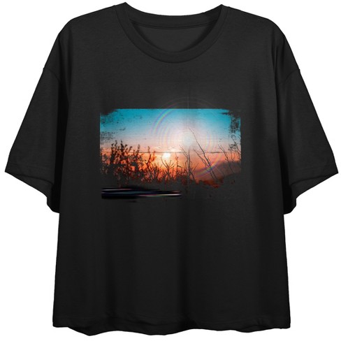 Sunrise Over A Field Crew Neck Short Sleeve Women's Black Crop Top - image 1 of 2